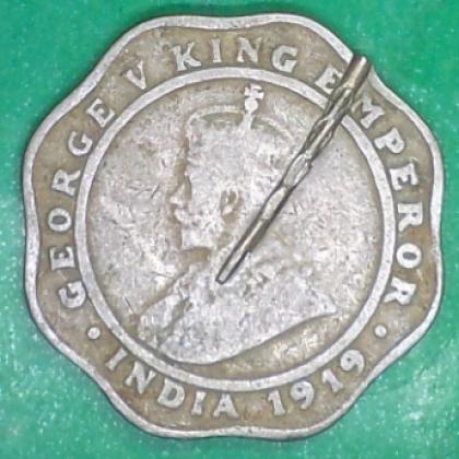 1919 KGV DIE CUT ERROR BRITISH INDIA  4 ANNA COIN no 179
